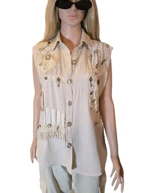 Lagenlook Linen Boho Vintage Speed Limit MPH Patchwork Vest/ Sleeveless Top